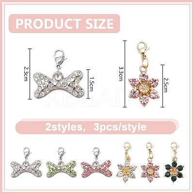 6Pcs Flower & Bone Alloy Rhinestone Pendant Decoration HJEW-DR00167-1
