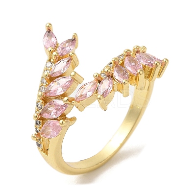 Leaf Brass Micro Pave Cubic Zirconia Open Cuff Rings RJEW-U008-05C-G-1