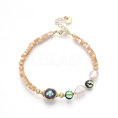 Natural Abalone Shell & Freshwater Pearl & Shell Bead Bracelets BJEW-N031-03G-1