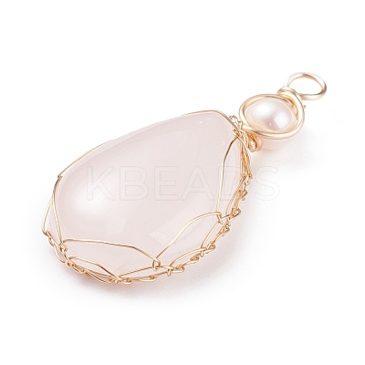 Natural Rose Quartz Copper Wire Wrapped Pendants PALLOY-JF01398-03-1