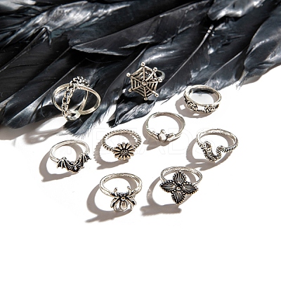 9Pcs 9 Styles Aniaml Alloy Spider & Snake & Bat & Flower Finger Rings Sets for Women PW-WG5EE65-01-1
