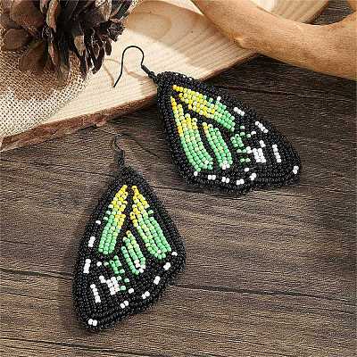 Bohemian Style Green Butterfly Wing Glass Bead Handmade Dangle Earrings LW2379-1