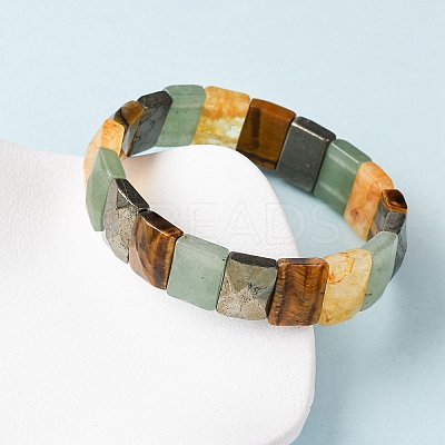 Rectangle Natural Pyrite & Green Aventurine & Tiger Eye & Quartz Crystal Beads Stretch Bracelets for Women Men BJEW-Z149-01I-1