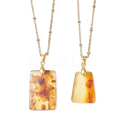Natural Amber Rectangle Pendant 304 Stainless Steel Cable Chain Necklaces NJEW-JN05981-02-1