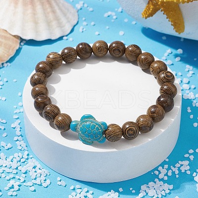 Natural Wood Round & Synthetic Turquoise Turtle Beaded Stretch Bracelet for Women BJEW-JB09699-06-1