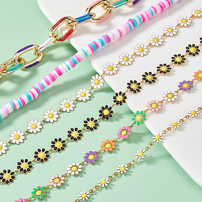 Flower 304 Stainless Steel Enamel & Disc Polymer Clay Link Baseball Cap Chain AJEW-WR00001-1