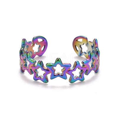 Rainbow Color Ion Plating(IP) 304 Stainless Steel Star Wrap Open Cuff Ring for Women RJEW-A005-36MC-1