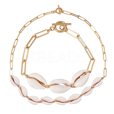Natural Cowrie Shell Beads Pendant Necklace and Link Bracelet Set with Paperclip Chains for Women SJEW-SW00002-1