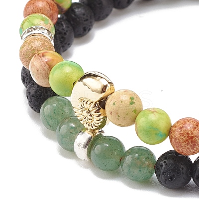 2Pcs 2 Style Natural Imperial Jasper(Dyed) & Green Aventurine & Lava Rock Braided Bead Bracelets Set with Alloy Shell BJEW-JB08476-1