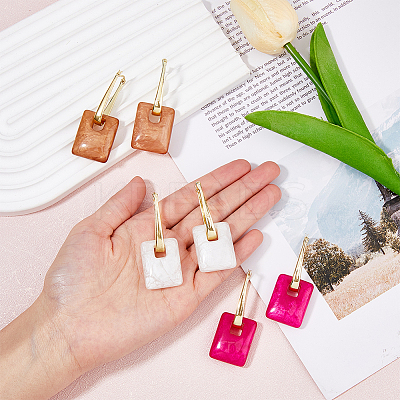 3 Pairs 3 Colors Rectangle Resin Hoop Earrings for Women EJEW-FI0002-64-1