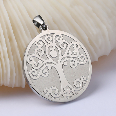 Non-Tarnish Flat Round with Tree of Life 201 Stainless Steel Pendants STAS-I040-06A-1-1