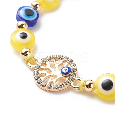 Evil Eye Resin Bead & Flat Round with Tree of Life Alloy Rhinestone Braided Beaded Bracelets for Girl Women BJEW-JB08740-04-1