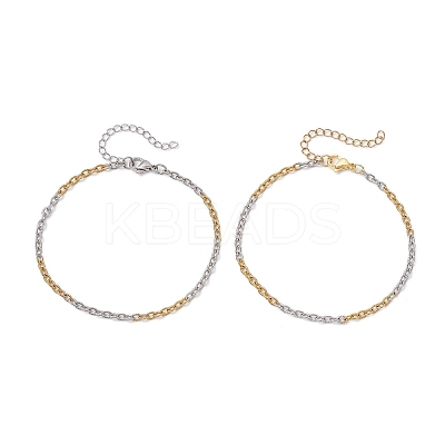 2Pcs 2 Colors Two Tone 304 Stainless Steel Textured Cable Chain Anklets AJEW-AN00681-1