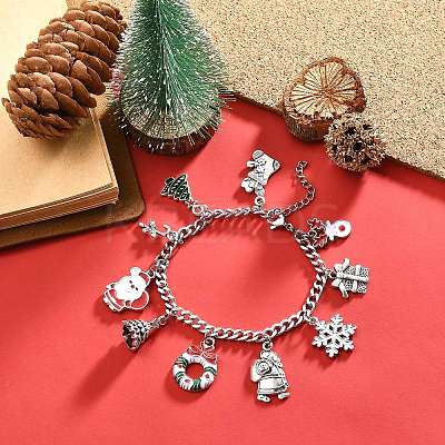 Christmas Tree & Deer & Wreath & Santa Claus Alloy Enamel Charm Bracelet BJEW-TA00252-1