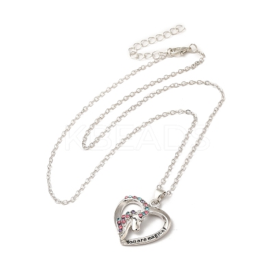 Colorful Rhinestone Heart with Unicorn Pandant Necklace with Cable Chains NJEW-K246-01P-1