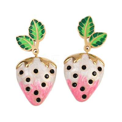 304 Stainless Steel Enamel Strawberry Dangle Stud Earrings EJEW-A138-10G-02-1