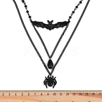 Iron & Teardrop Resin Halloween Bat Spider Pendant Double Layered Necklaces for Women LS-NJEW-A055-01B-EB-1