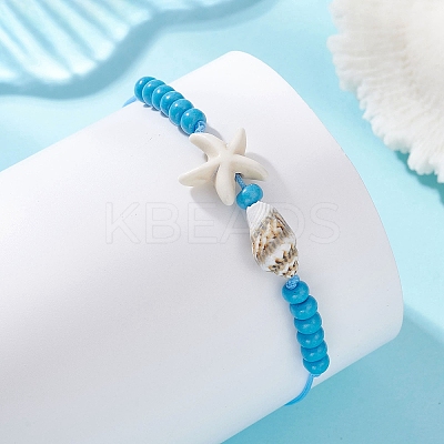 Synthetic Turquoise & Glass Seed Beads & Shell Braided Bead Bracelets BJEW-MZ00331-1