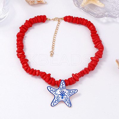 Ocean Polymer Clay Starfish Pendant Red Resin Beaded Necklaces with Alloy End Chains FS-WGFD479-01-1
