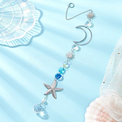 Stainless Steel Starfish & Brass Moon Hanging Suncatchers HJEW-JM04623-1