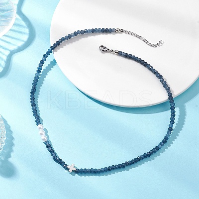 Dyed Natural Malaysia Jade Faceted Rondelle & Round Imitation Pearl & Brass Cross Beaded Necklaces NJEW-JN05835-1