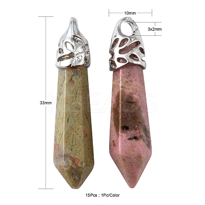 15Pcs 15 Style Natural & Synthetic Gemstone Pointed Pendants G-LS0001-75-1