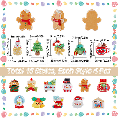 64Pcs 16 Styles Christmas Tree/Snowman/Bag/Socking/Santa Claus/Deer/Candy Cane/Fireplace Opaque Resin Decoden Cabochons RESI-SC0005-74-1