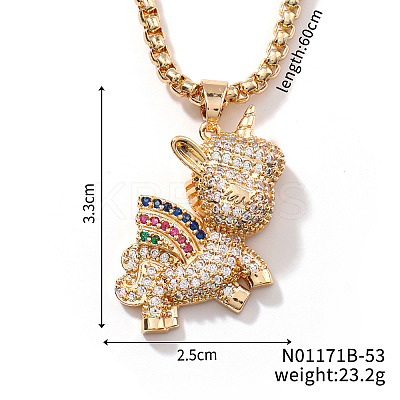 Cute Unicorn Fashion Brass Colorful Rhinestone Pendant Box Chain Necklaces DC0615-2-1