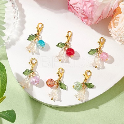 6Pcs Flower Round Acrylic & Glass Pendant Decorations HJEW-JM02954-1