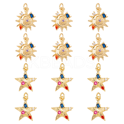 12Pcs 2 Style Brass Micro Pave Colorful Cubic Zirconia Pendants KK-DC0001-75-1