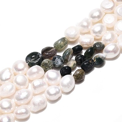 Natural Indian Agate Nuggets & Natural Cultured Freshwater Pearl Beads Strands PEAR-N023-01A-01-1