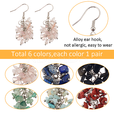 6 Pairs 6 Styles Natural Mixed Gemstone Chips Cluster Earrings EJEW-AN0004-78-1