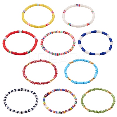 10Pcs 10 Style Handmade Polymer Clay Heishi Surfer Stretch Bracelets Set BJEW-SW00048-1