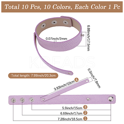 10Pcs 10 Colors Snap PU Leather Bracelet Wristband BJEW-CL0001-27-1