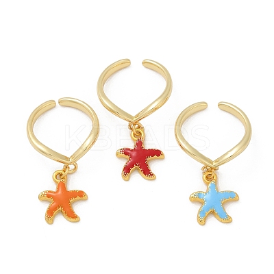 Starfish Brass Enamel Open Cuff Rings for Women RJEW-U057-03G-1