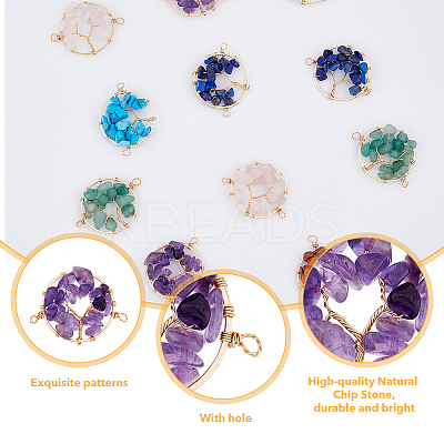 12Pcs 6 Styles Natural & Synthetic Mixed Gemstone Chip Tree of Life Connector Charms FIND-HY0002-71-1