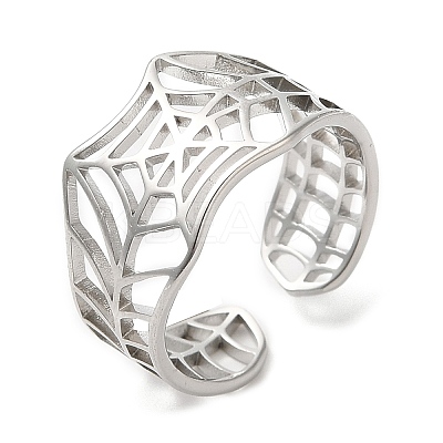 Non-Tarnish 304 Stainless Steel Hollow Spider Web Open Cuff Ring for Women RJEW-M149-25P-1
