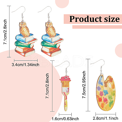 2 Pair 2 Style Book & Brush & Palette Single Face Printed Wood Dangle Earrings EJEW-AN0002-74-1