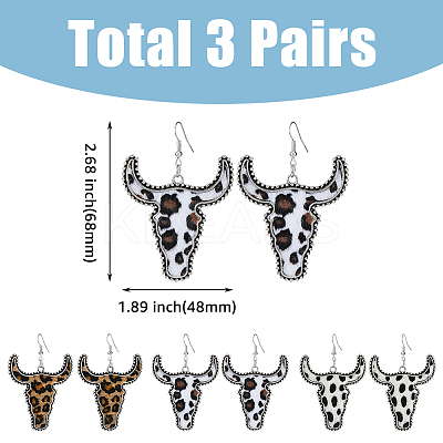 3 Pairs 3 Colors Imitation Leather Cattle Head Dangle Earrings for Women EJEW-FI0002-36-1