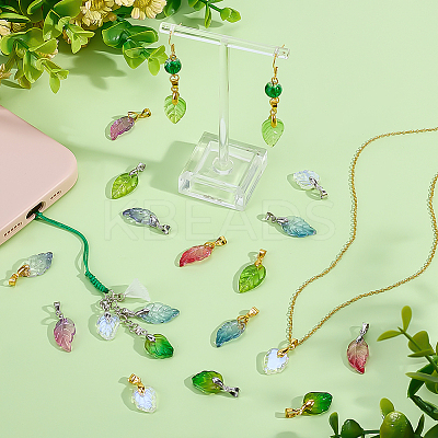 112Pcs 14 Styles Baking Paint Glass Leaf Shape Pendants PALLOY-PH01921-1