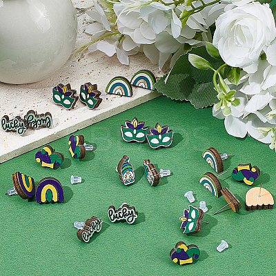 60Pcs 6 Styles Saint Patrick's Day Wood Stud Earrings EJEW-SC0001-42-1