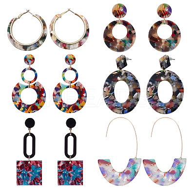 6 Pairs 6 Style Oval & Square & Donut Acrylic Dangle Stud Earrings EJEW-AN0003-36-1