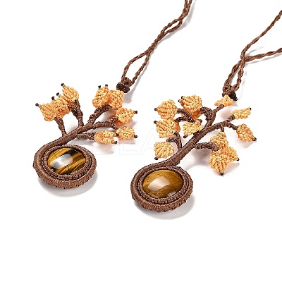 Natural Tiger Eye Tree of Life Pendant Necklace NJEW-K258-04G-1