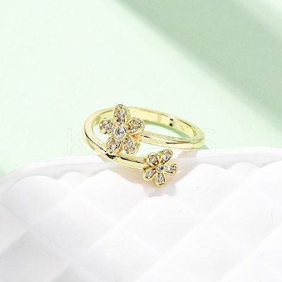 Flower Brass Micro Pave Cubic Zirconia Cuff Rings for Women RJEW-L334-01G-1