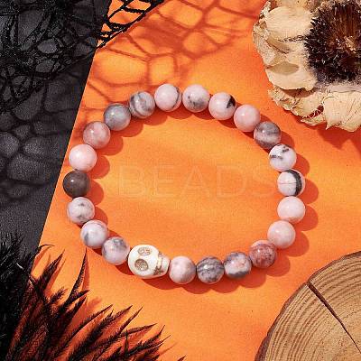 8.5mm Round Natural Pink Zebra Jasper Beaded Stretch Bracelets BJEW-JB10466-02-1