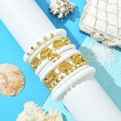 10Pcs 10 Styles Handmade Polymer Clay & Glass Seed Beaded Stretch Bracelet Sets BJEW-SW001581-1