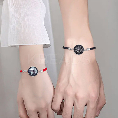 1 Set 2Pcs Valentine's Day Luminous 304 Stainless Steel Glass Flat Round Link Bracelet Sets BJEW-LP0001-35C-1