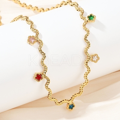 304 Stainless Steel Rope Chain Colorful Cubic Zirconia Tassel Necklaces for Women NJEW-V015-01G-C-1