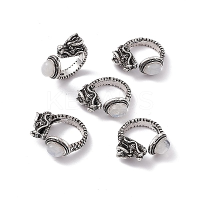 Dragon Head Natural Rainbow Moonstone Cuff Rings RJEW-G273-03AS-08-1