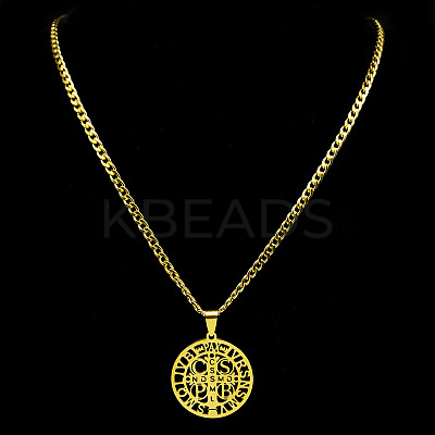 201 Stainless Steel Saint Benedict Medal Pendant Necklaces with Cuban Link Chains for Men FS-WG2A1DE-02-1